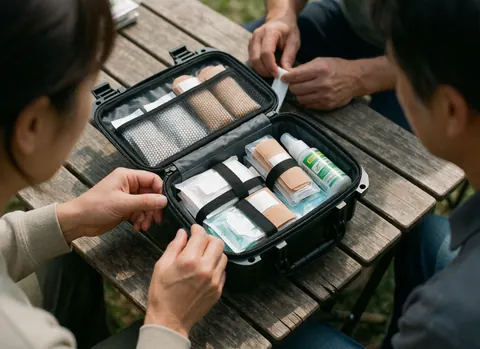 Open first aid kit on a wooden table with hands organizing bandages and antiseptic for camping safety