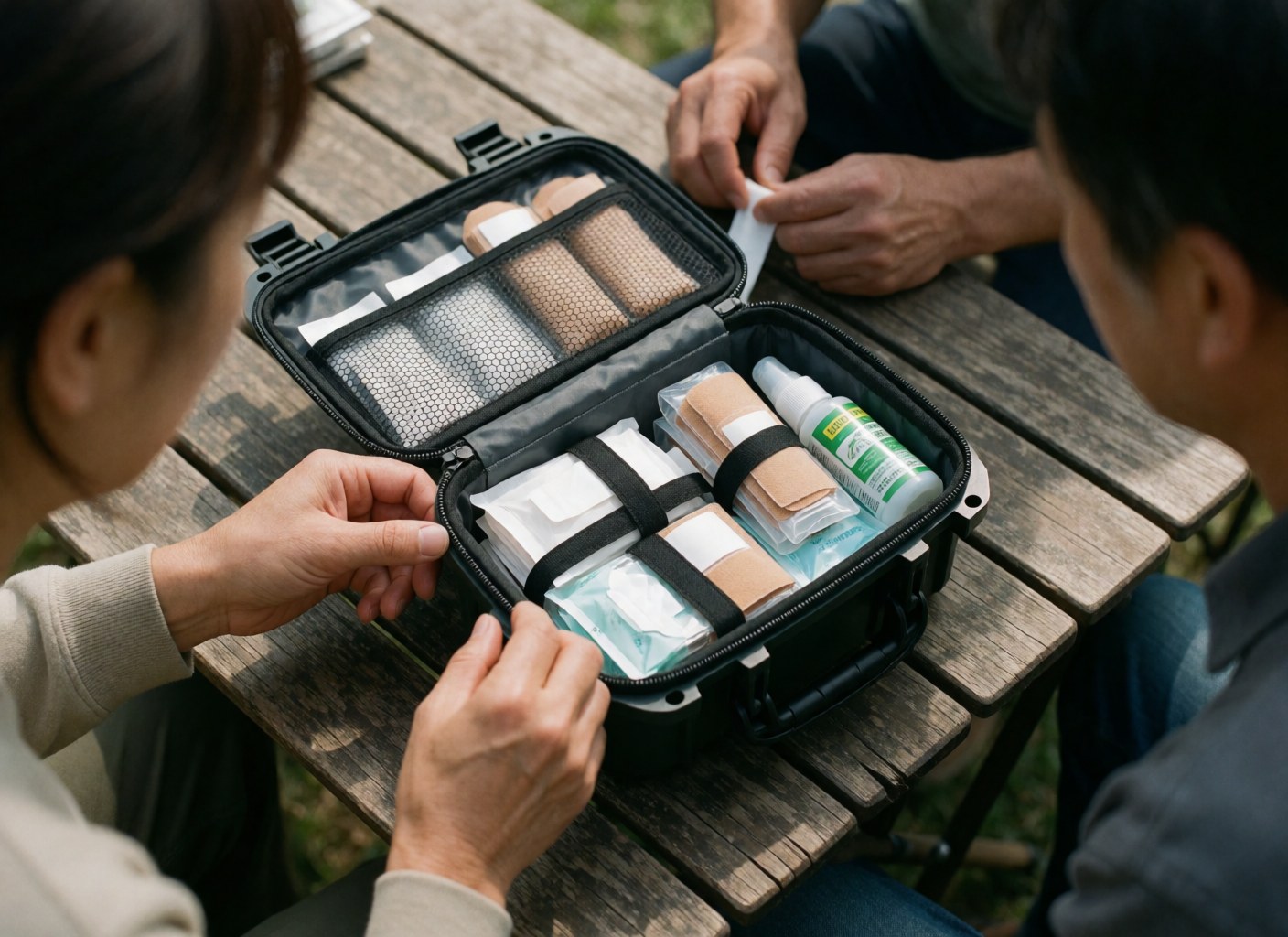 Open first aid kit on a wooden table with hands organizing bandages and antiseptic for camping safety