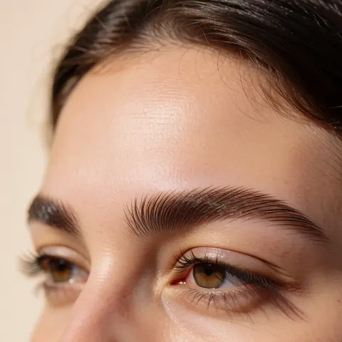 Close-up of full, well-defined eyebrows with a natural lamination effect on soft beige skin, ideal for beauty salon product displays.