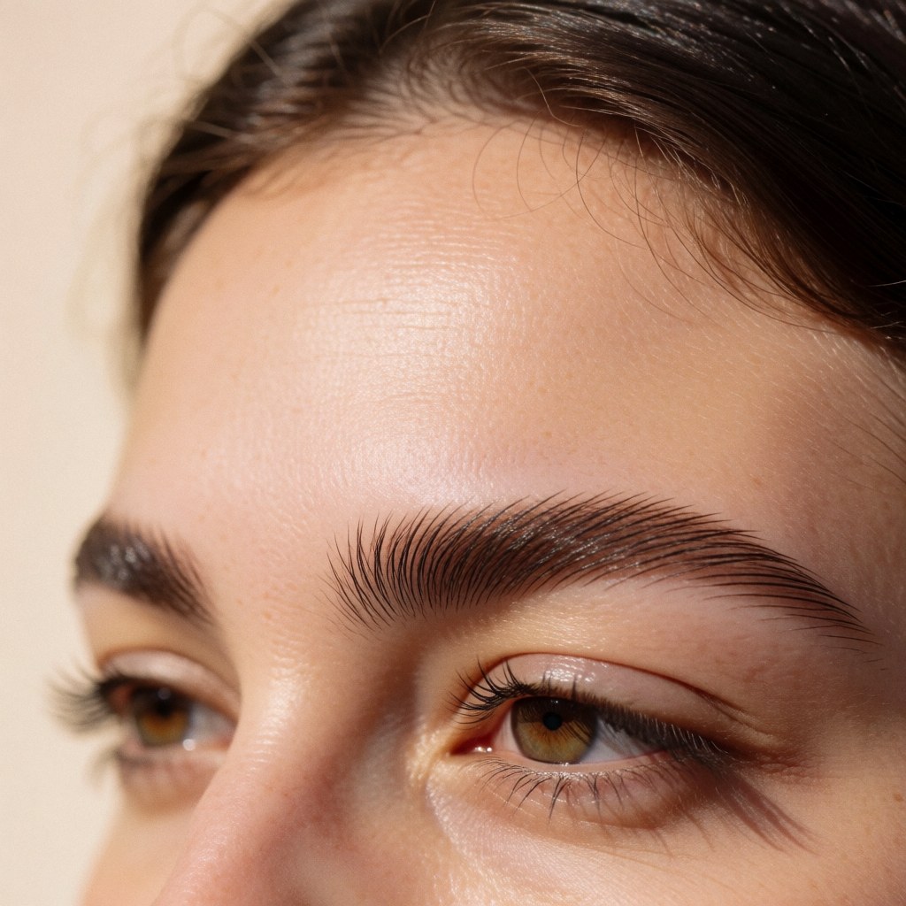 Close-up of full, well-defined eyebrows with a natural lamination effect on soft beige skin, ideal for beauty salon product displays.
