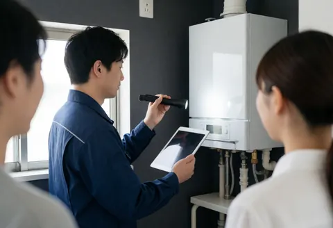 Technician in blue uniform checking white boiler with flashlight and tablet during heating installation service
