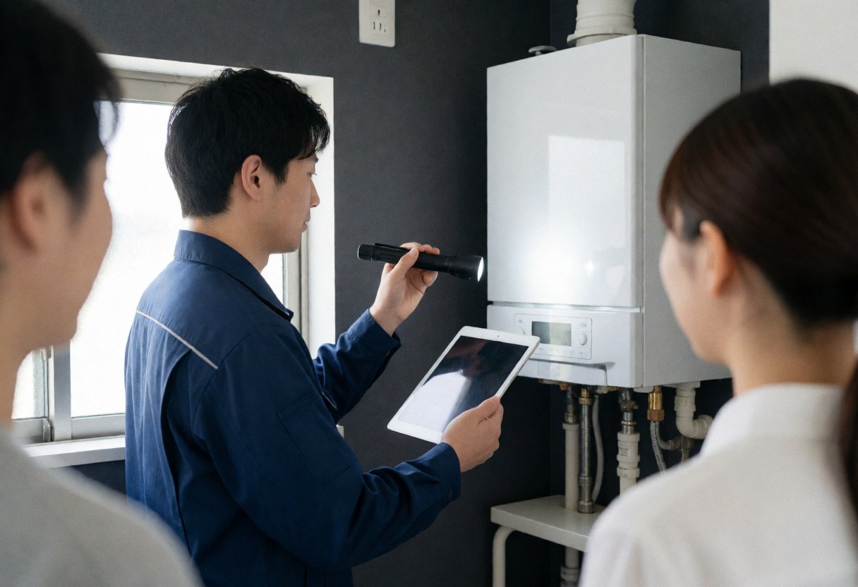 Technician in blue uniform checking white boiler with flashlight and tablet during heating installation service