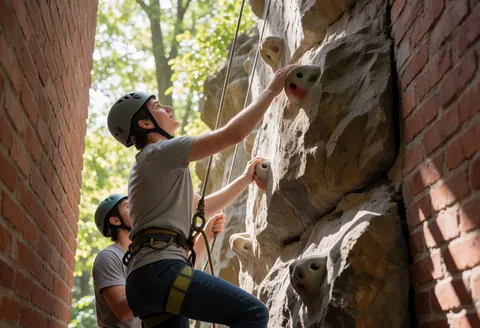 A client scaling a brick climbing wall alongside a guide under natural light during an active service session