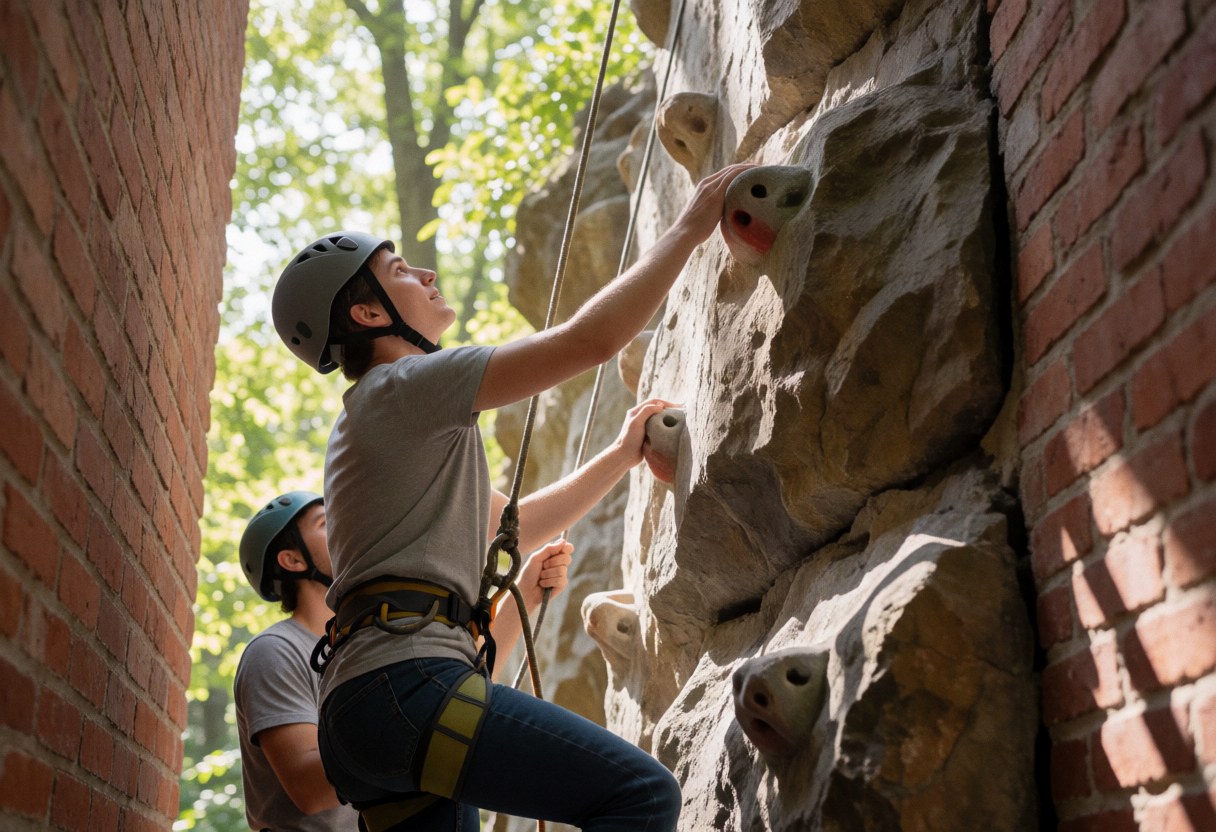 A client scaling a brick climbing wall alongside a guide under natural light during an active service session