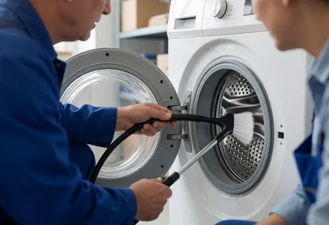 Technician uses a brush to clean the interior drum of a white washing machine in an appliance repair workshop with dust particles visible in the light.