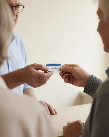 Two people exchanging name badges at a registration table with white walls during a professional event