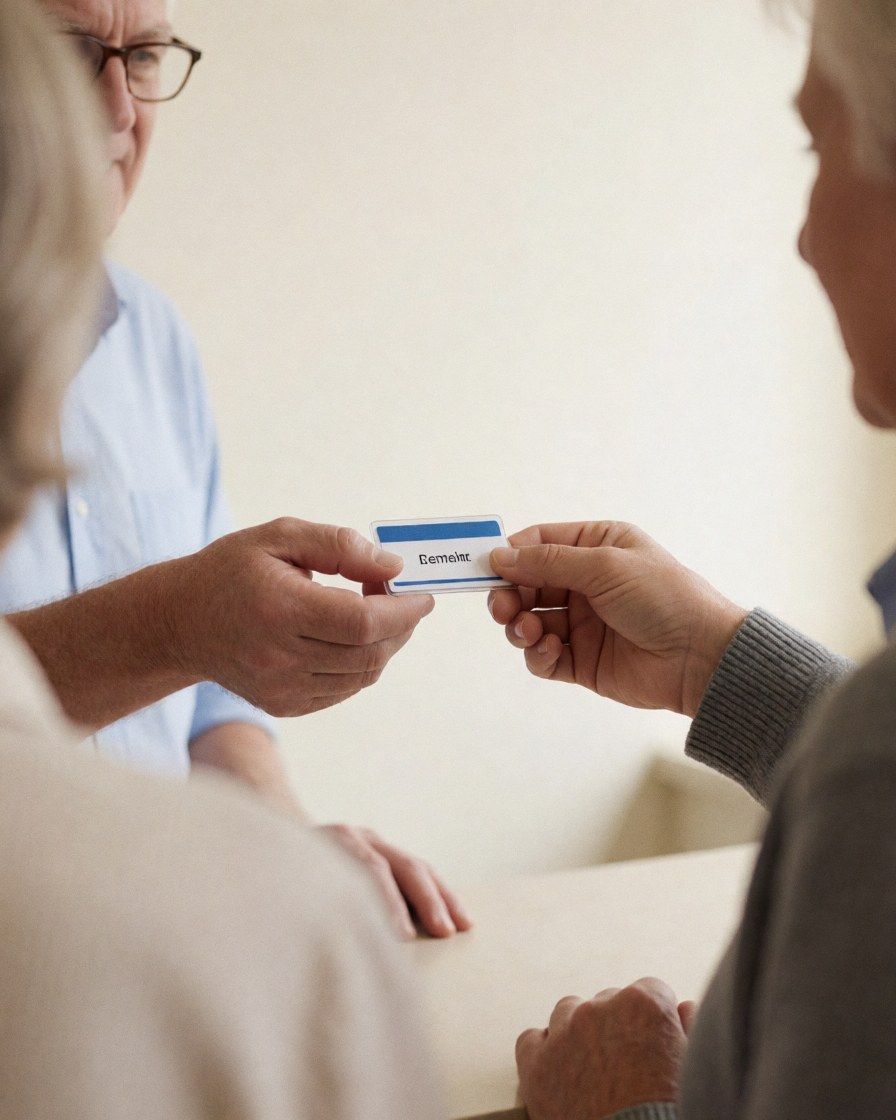 Two people exchanging name badges at a registration table with white walls during a professional event