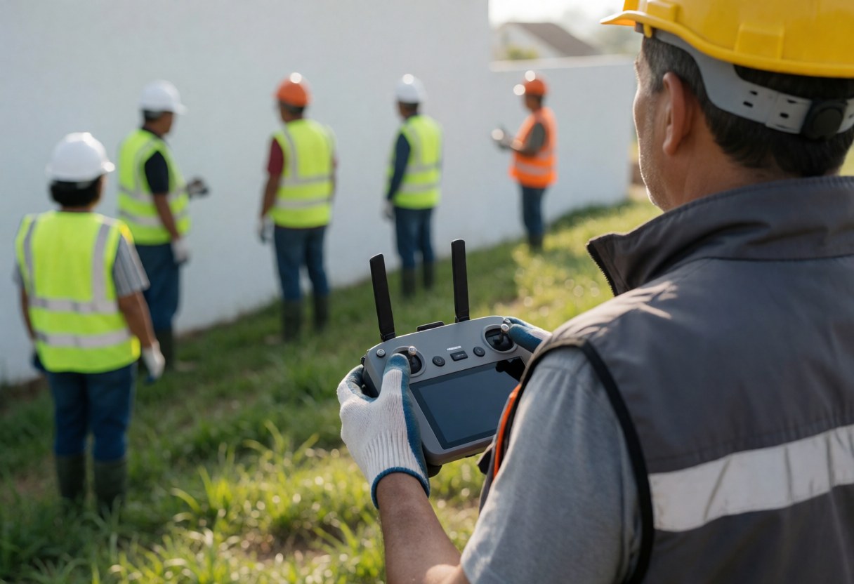 Drone operator holding a controller at a construction site with workers in safety gear and white walls in the background
