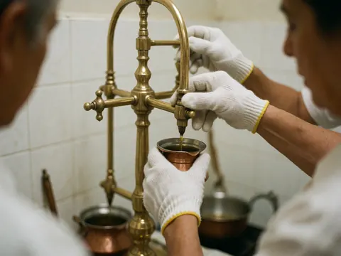 Gloved hands adjust a bronze drip stand to dispense golden herbal oil into a copper pot in an ayurvedic massage room with white tiled walls.