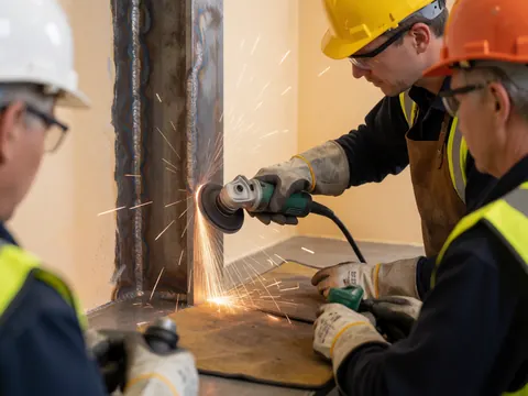A worker wearing a yellow helmet and safety vest grinds a steel joint, sending sparks onto a protective blanket while two colleagues observe nearby.