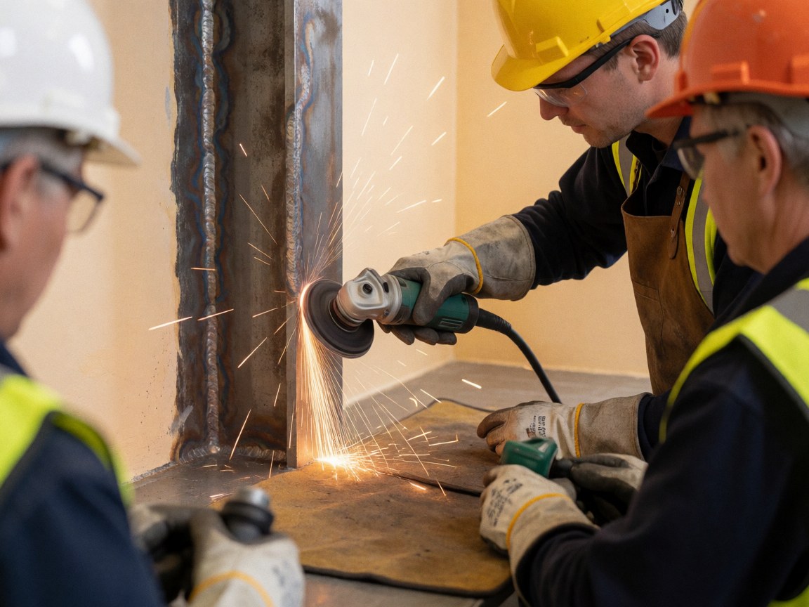 A worker wearing a yellow helmet and safety vest grinds a steel joint, sending sparks onto a protective blanket while two colleagues observe nearby.