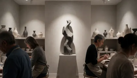 Abstract ceramic sculpture on a pedestal in a pottery workshop with shelves of vessels and gray walls lit by spotlights.