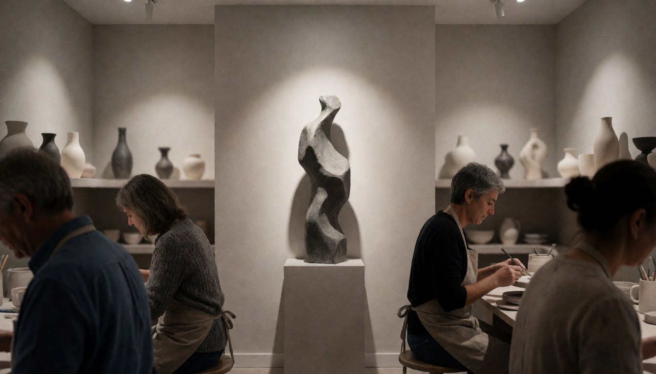 Abstract ceramic sculpture on a pedestal in a pottery workshop with shelves of vessels and gray walls lit by spotlights.