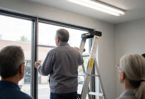 Technician measuring a large window with a metal ladder in a commercial repair service setting