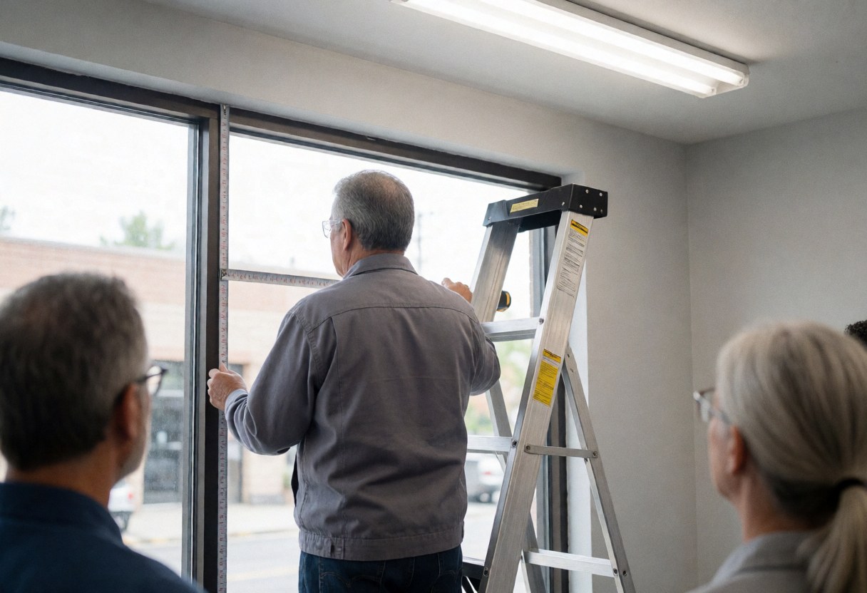 Technician measuring a large window with a metal ladder in a commercial repair service setting