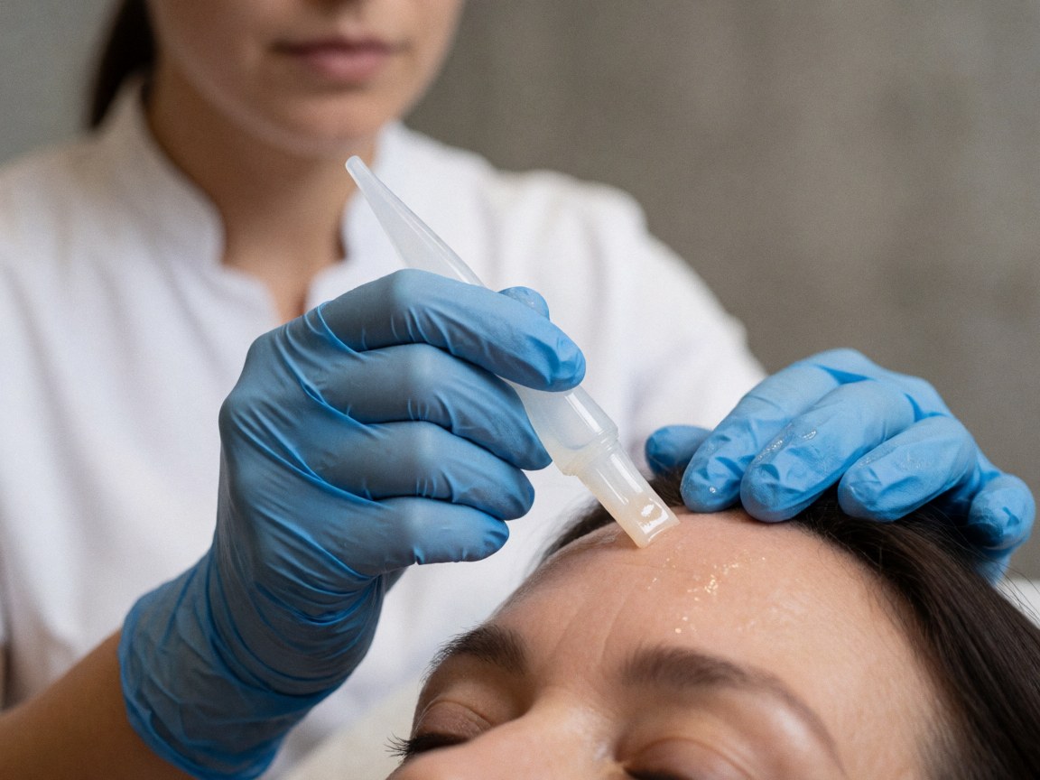 A professional applies gel to a client's forehead using a silicone applicator while wearing blue gloves and a white uniform.