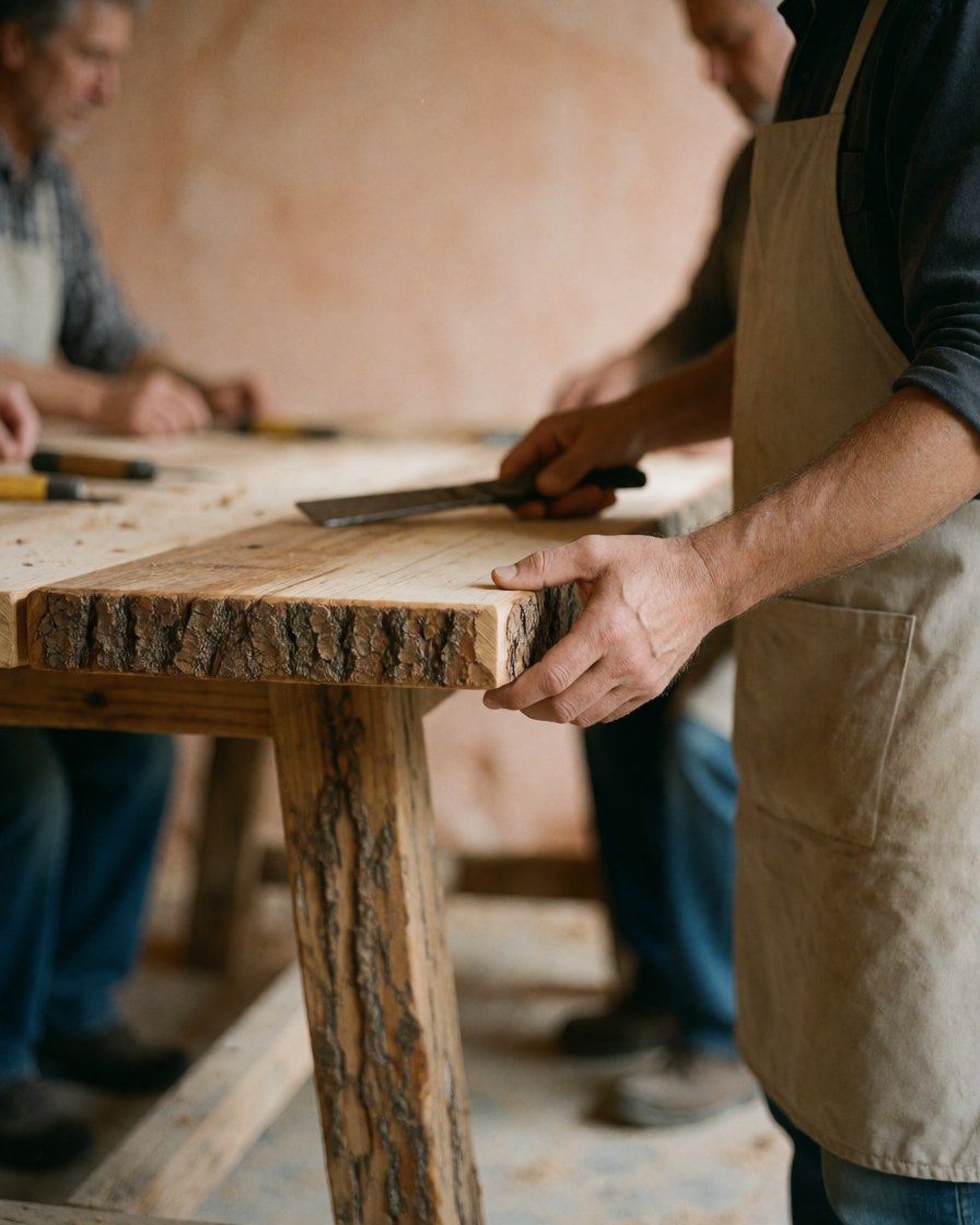 Workers in a carpentry workshop carving wooden planks with visible bark on a wooden workbench