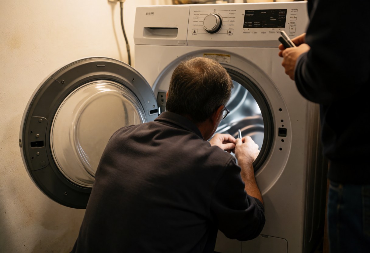 Technician repairing a washing machine with a tool, visible drum interior, light walls, and warm lighting in a repair shop.