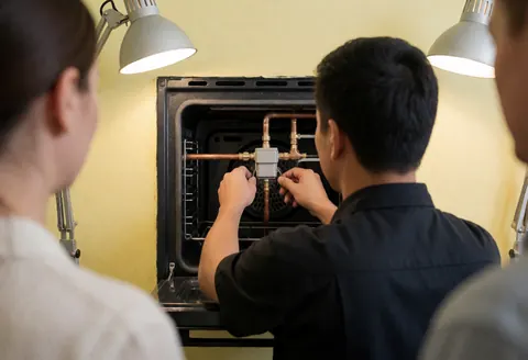 Technician installing a safety valve in an oven with copper pipes, yellow walls, and work lights during a repair service.