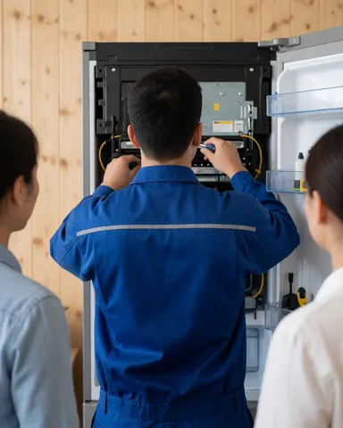 Technician in blue uniform repairing open refrigerator while two people watch near wood wall
