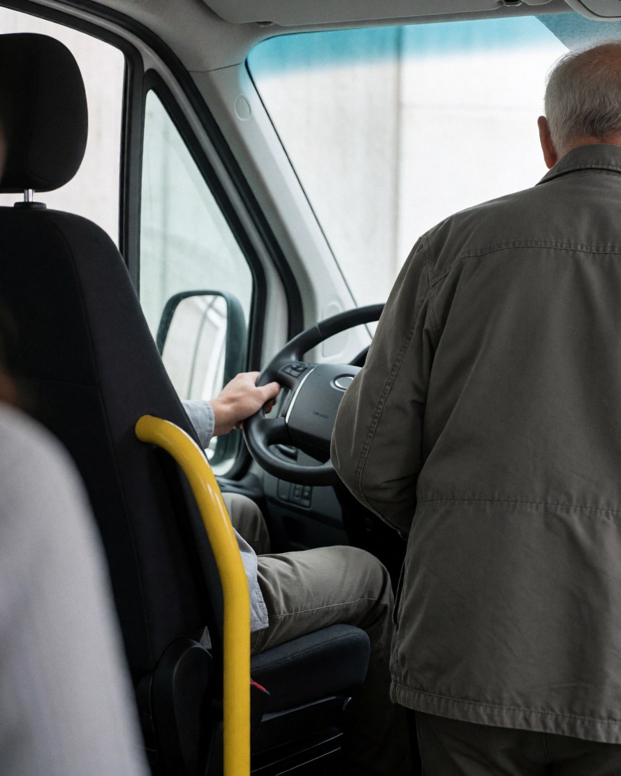A passenger enters a minibus while the driver's hand rests on the steering wheel, with a yellow handrail and black seats visible inside.