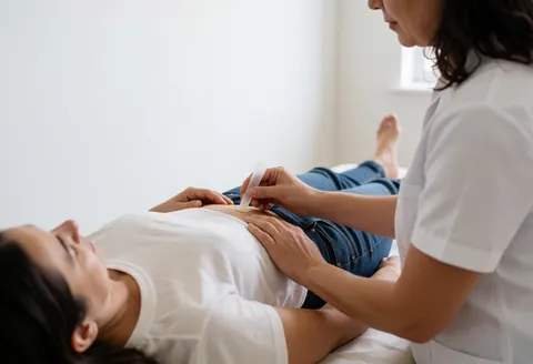 Therapist applying cupping therapy on a client's abdomen in a bright white room with natural light