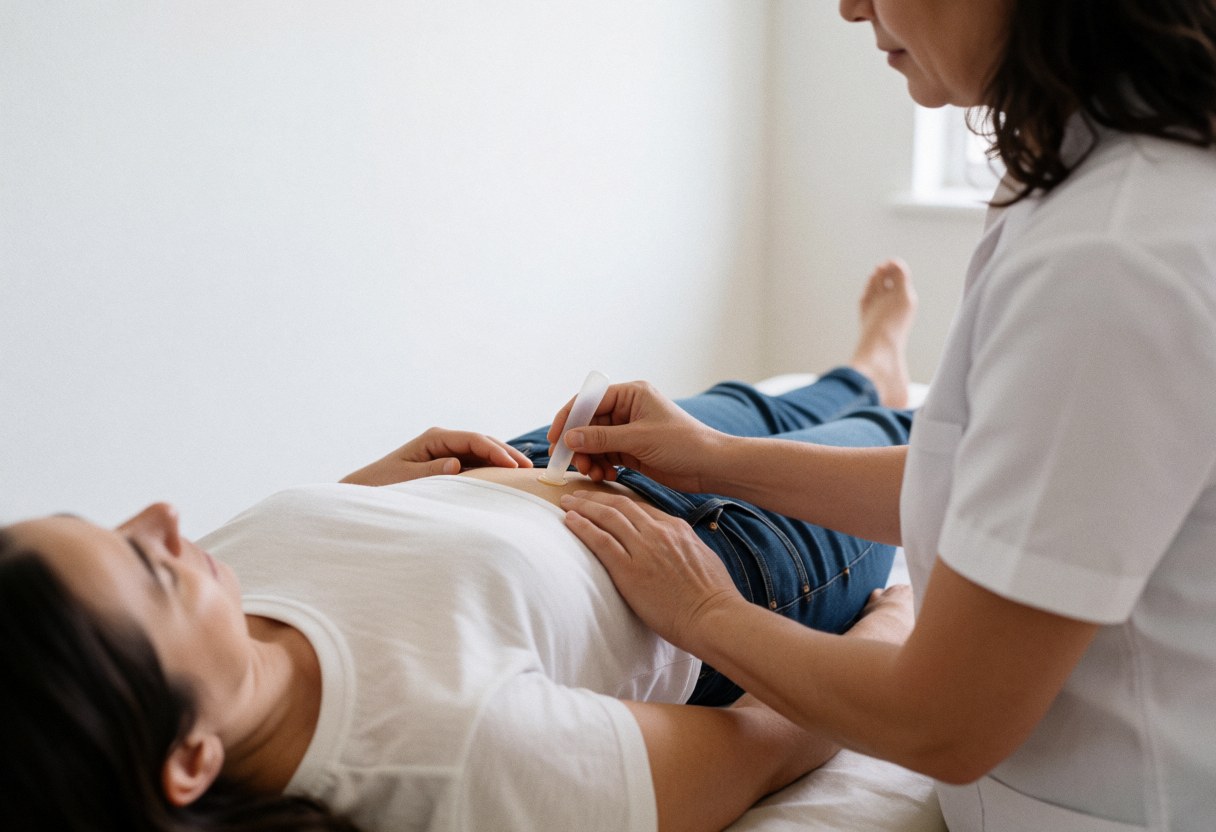 Therapist applying cupping therapy on a client's abdomen in a bright white room with natural light