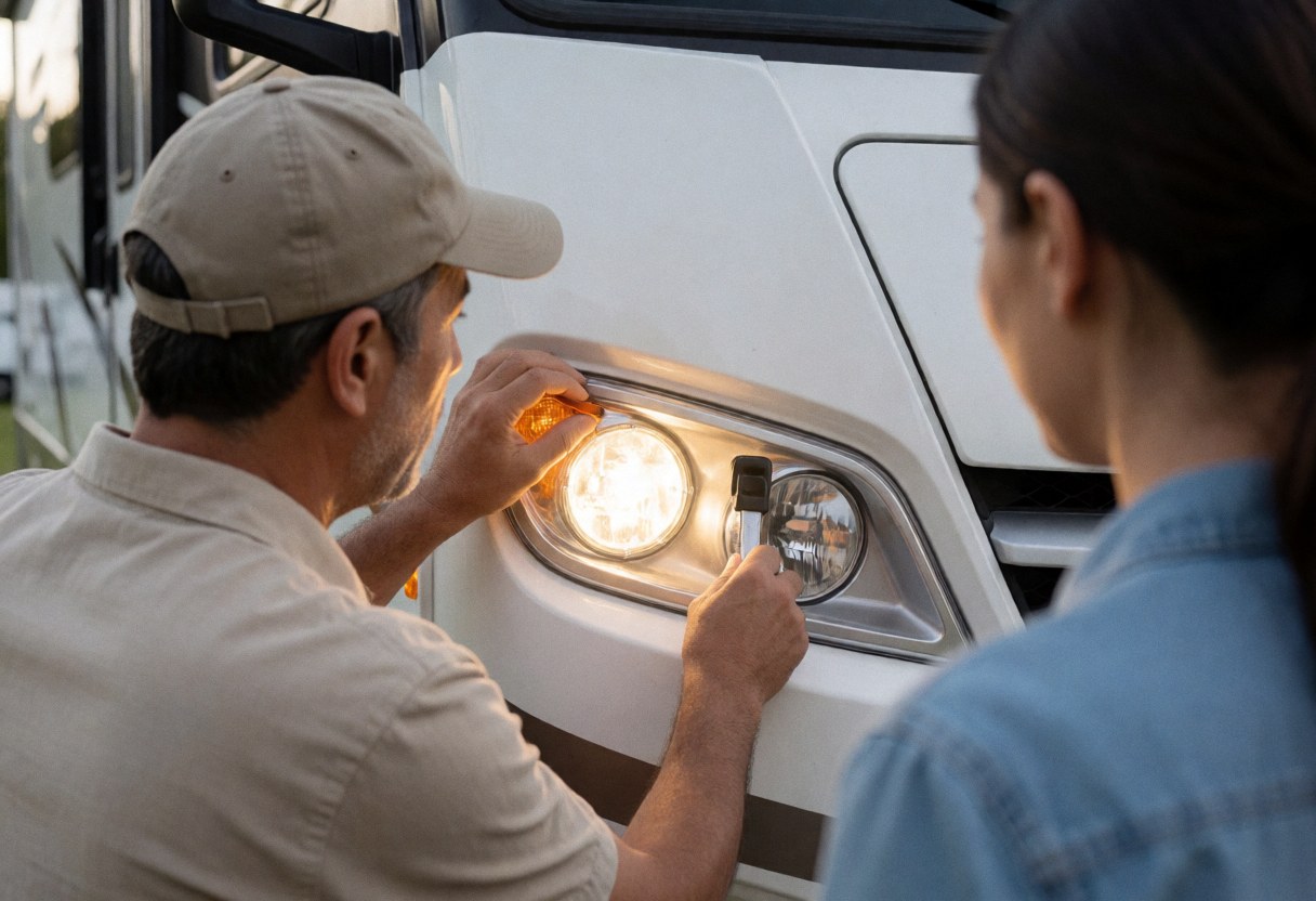 A man inspects the headlights of a white rv while a woman watches nearby during routine maintenance at a camping ground.
