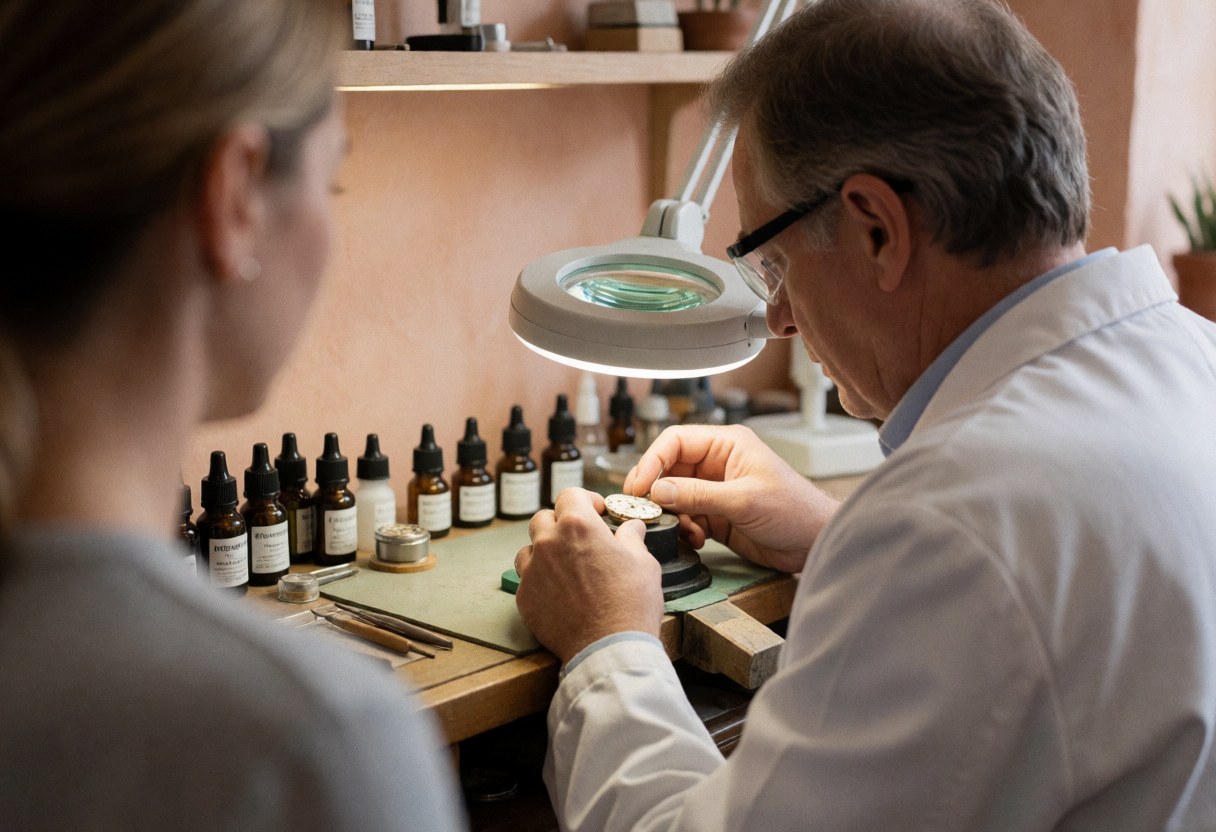 Watch repair specialist working with a magnifying glass in a workshop with cleaning bottles and tools on light plaster walls.