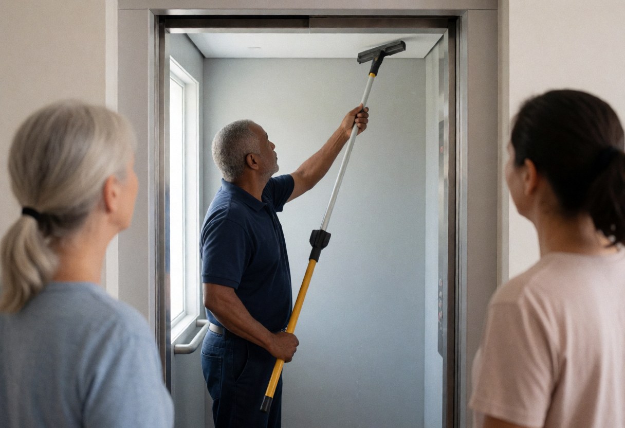 A professional technician cleans an elevator ceiling while two people observe the service.