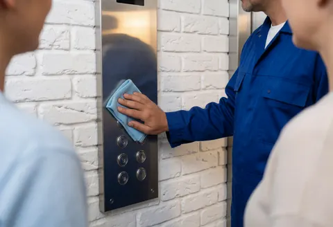 Technician in blue uniform cleaning stainless steel elevator buttons with microfiber cloth against white brick wall with warm light reflection