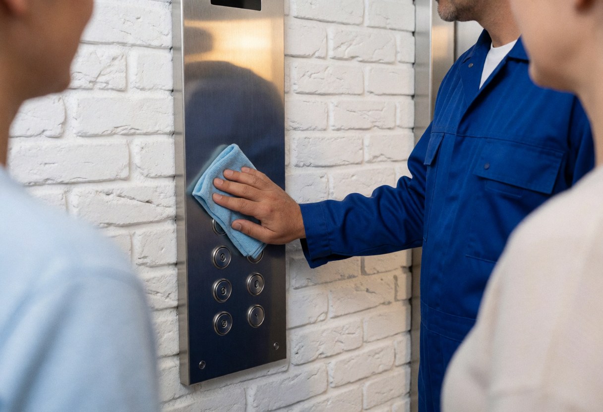 Technician in blue uniform cleaning stainless steel elevator buttons with microfiber cloth against white brick wall with warm light reflection