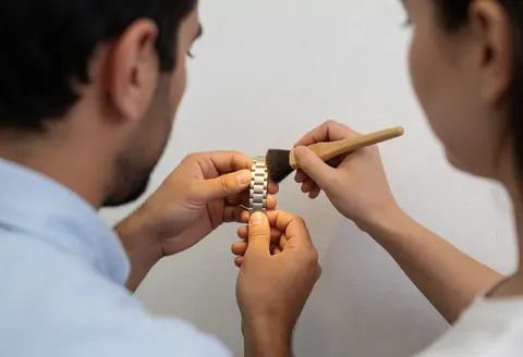 A technician uses a small brush to clean a metal watch bracelet against a white background during a repair service