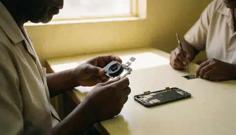 A technician holds a smartphone camera module while another works in the background at a workbench with natural light