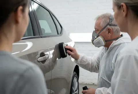 Technician applying ceramic coating to car door in workshop with white brick walls and led lighting