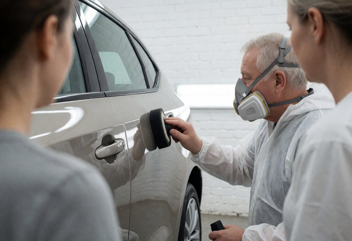 Technician applying ceramic coating to car door in workshop with white brick walls and led lighting