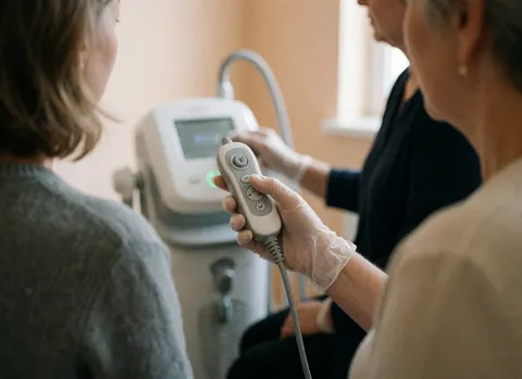 A therapist's gloved hand adjusts the LED device controls for acne treatment in a clinical setting.