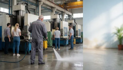 Workers using a high pressure hose to clean an industrial concrete floor in a factory setting with machinery in the background