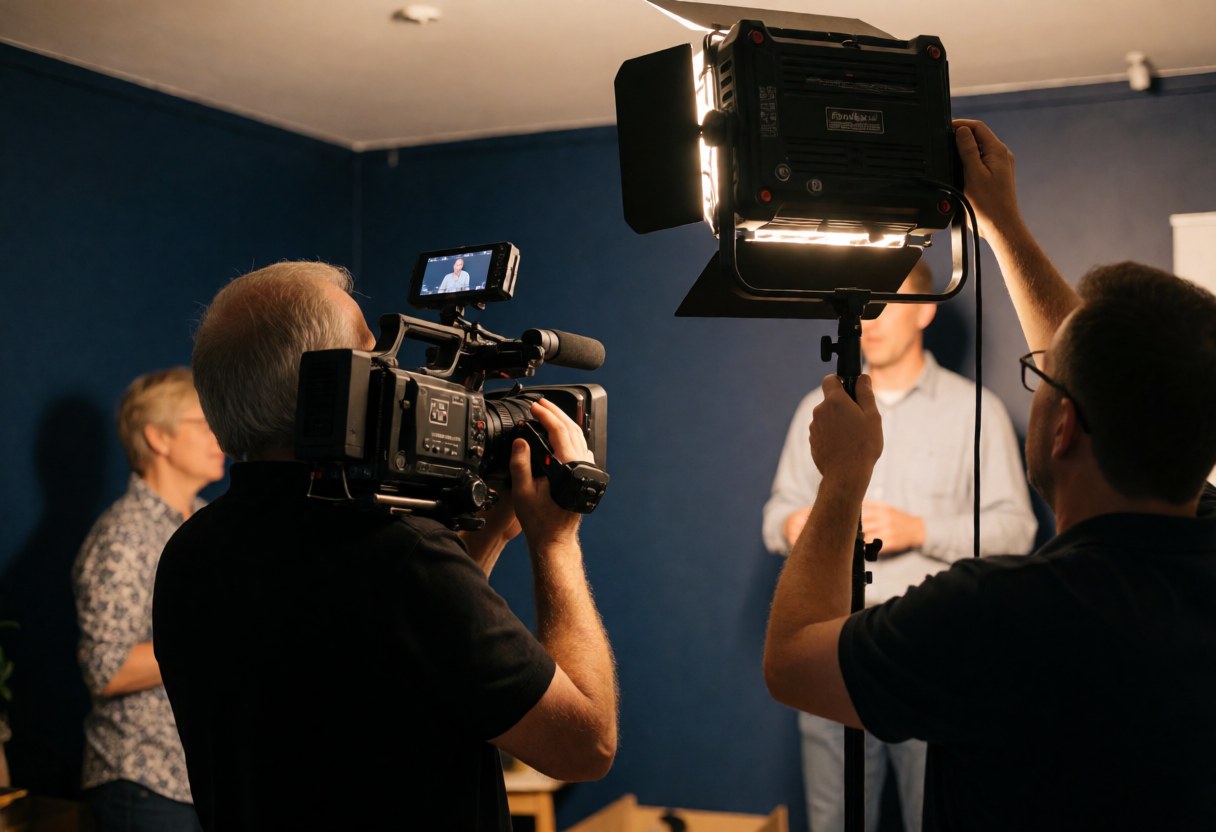 Videographer in action with cinema camera and LED light against blue walls, realistic scene useful for business
