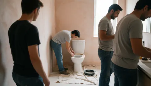 Workers installing a toilet in a bathroom with terracotta walls, one man adjusting the fixture over a protective cloth.
