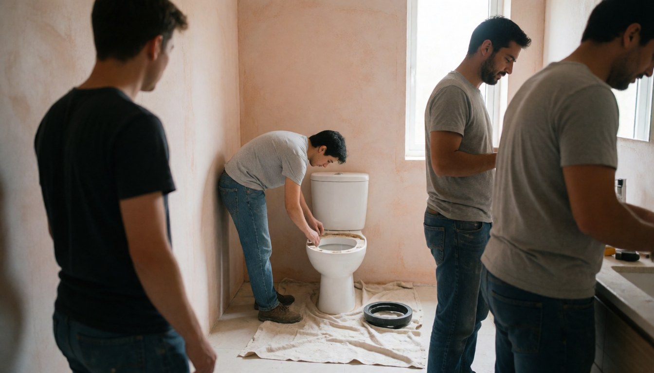 Workers installing a toilet in a bathroom with terracotta walls, one man adjusting the fixture over a protective cloth.