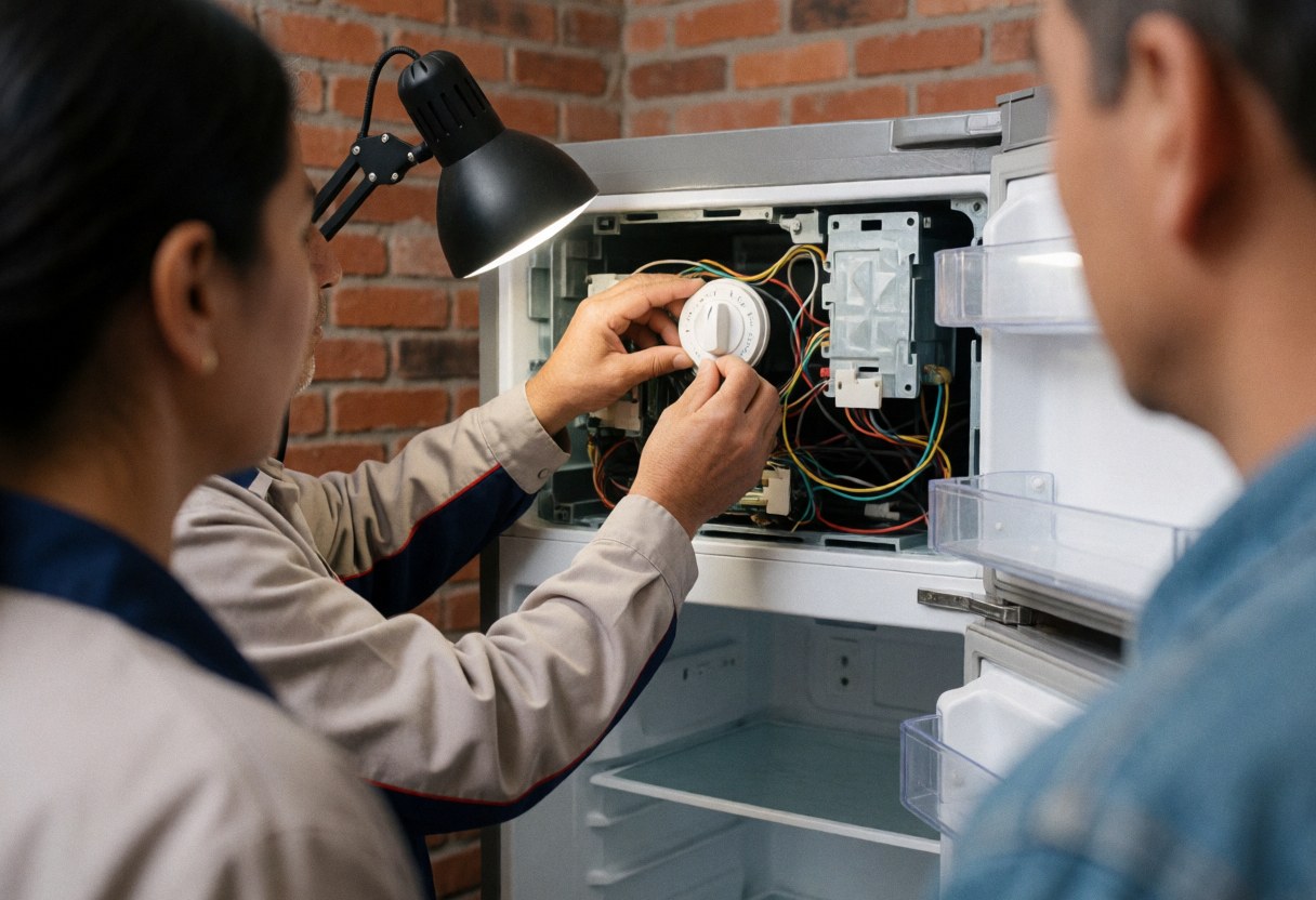 Technician in uniform repairing refrigerator control panel with work light and brick wall background