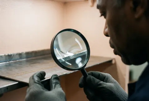 Technician inspecting stamped metal edge with magnifying glass in beige workshop wearing work gloves