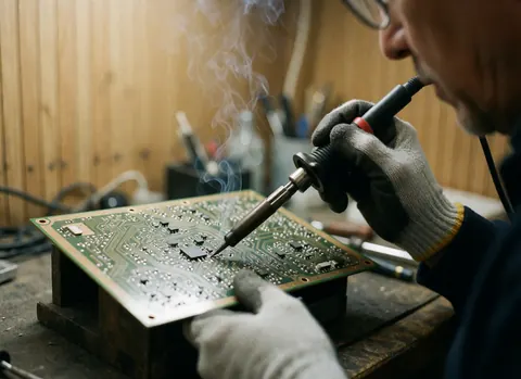 Close-up view of a technician soldering a circuit board in a workshop, showing electronic equipment repair work in progress.