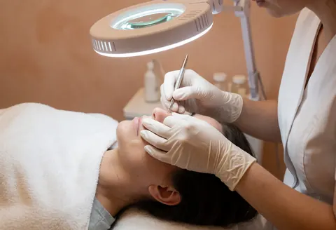 Close-up of a professional performing acne extraction using a magnifying light and metal instrument in a clinical setting.
