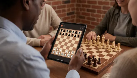 Person playing chess using a tablet app alongside a physical board in a warm room with brick walls, suitable for chess classes.