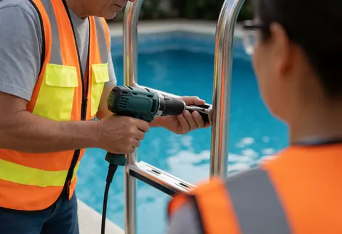 Worker in safety vest installing stainless steel ladder on blue pool wall during service