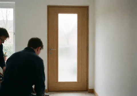 Two workers install a wooden door with a glass panel in a hallway with white walls and natural light.
