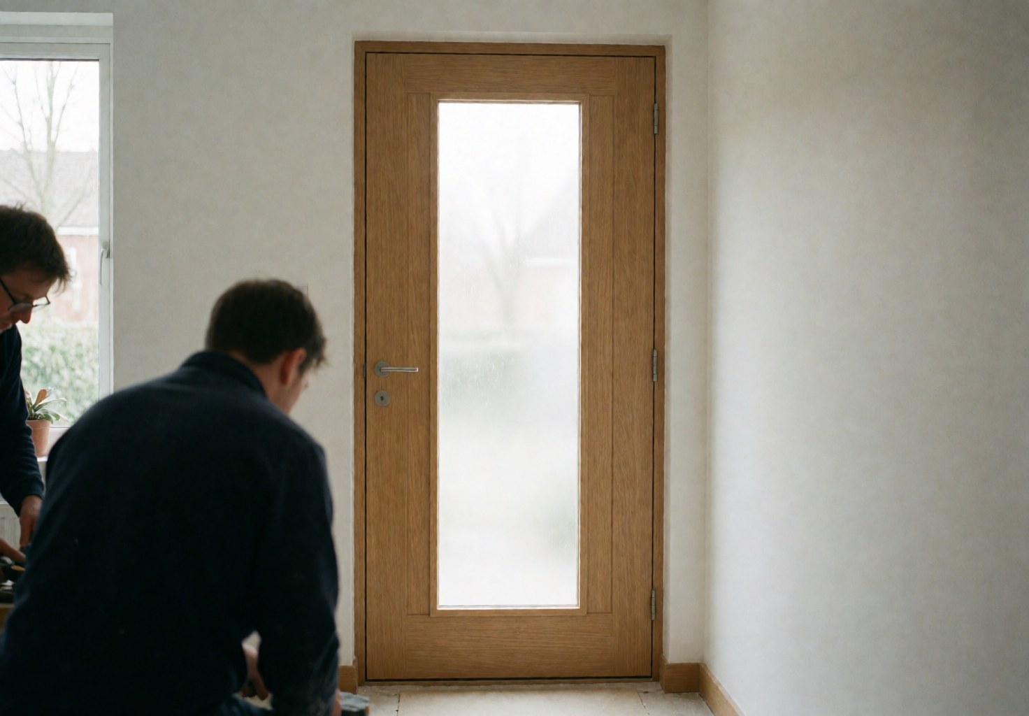 Two workers install a wooden door with a glass panel in a hallway with white walls and natural light.