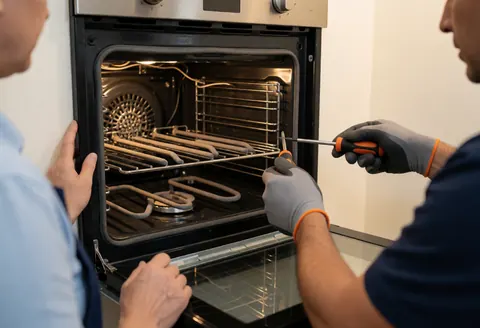 A technician wearing gloves repairs a gas oven, showing heating elements and the interior during a service call.